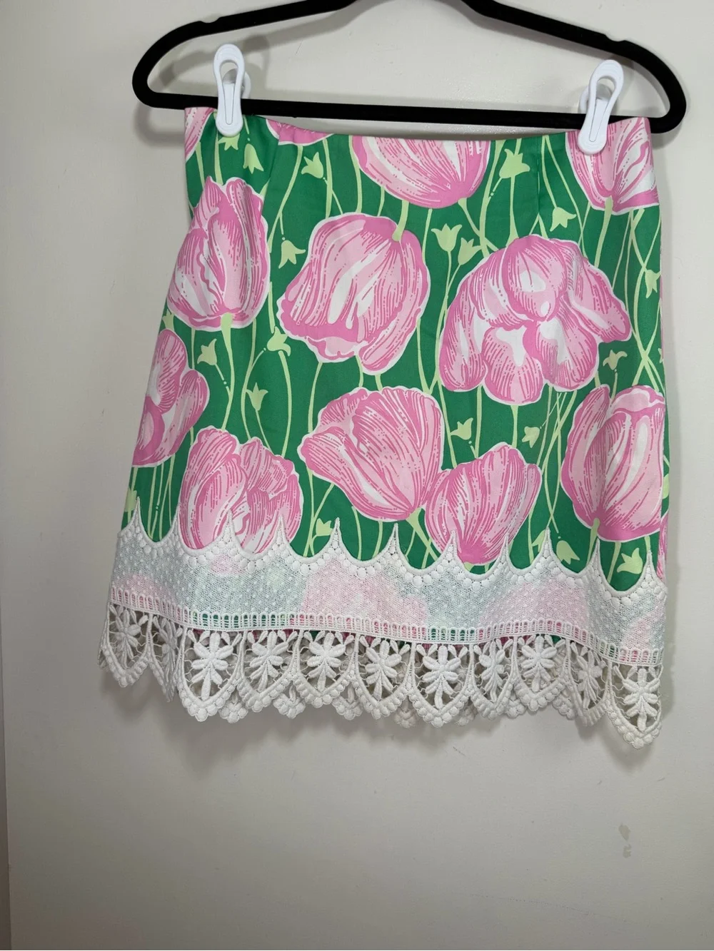 Lilly Pulitzer Pink Green Vintage Floral Tulips Lace Trim Cottagecore Skirt Sz 6